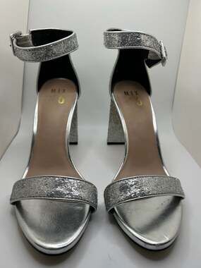 Mix No. 6 CYM Silver Glitter Ankle Strap Block Heel Sandals